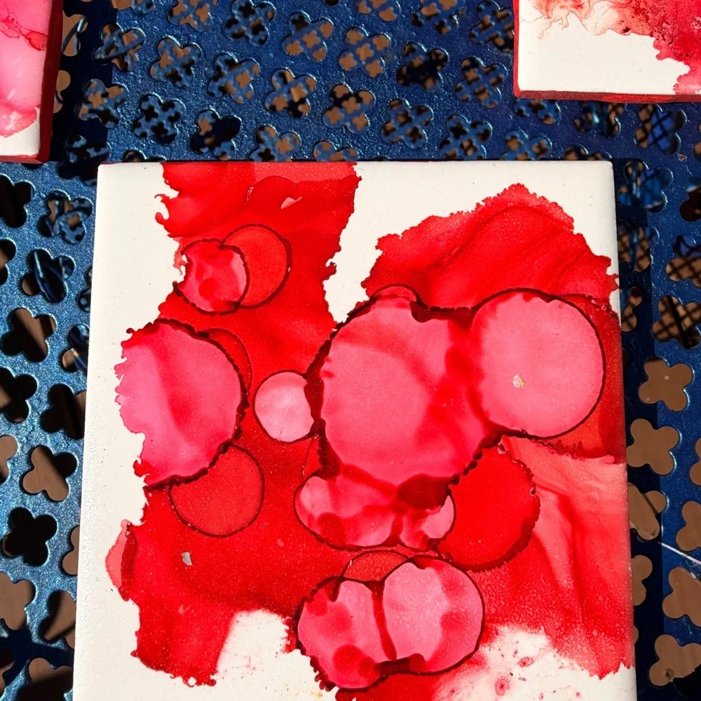 Red Alcohol Ink Coasters Set of 4, Abstract Ceramic Tile Decor